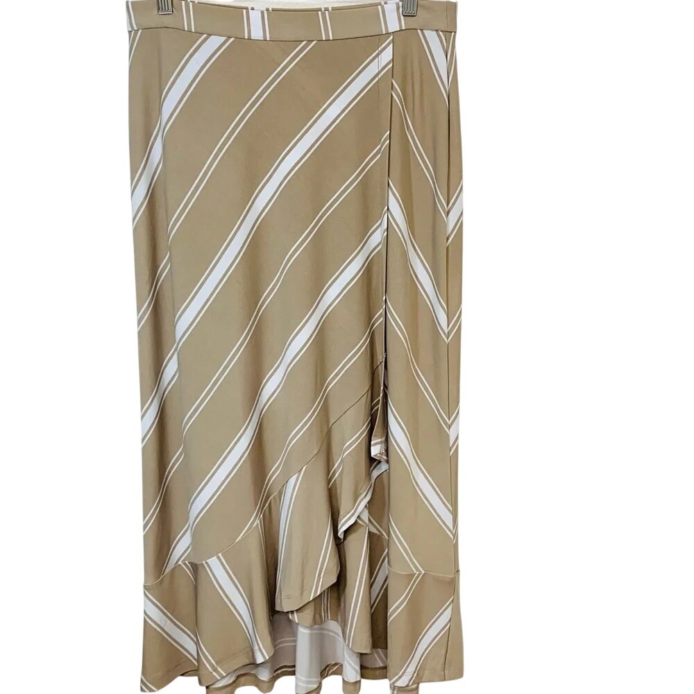 Susan Graver Liquid Knit‎ Midi Skirt Small Beige Stripe Pull On Ruffle Boho Work